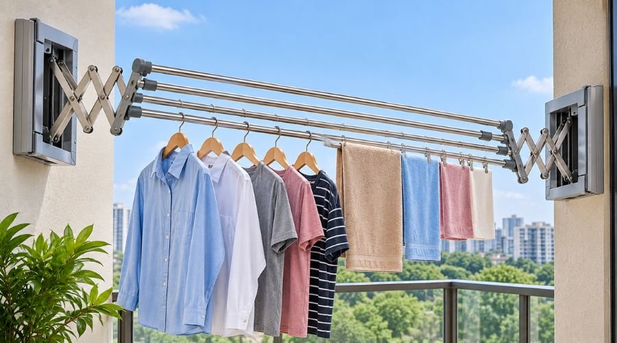 Close-up view of stainless steel pull and dry cloth hanger fixed on balcony wall by Hasini Safety Nets