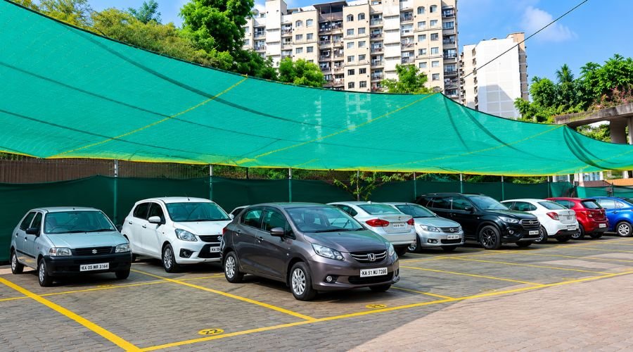 ENB Enterprises team completing car parking net installation at a Chennai residential complex