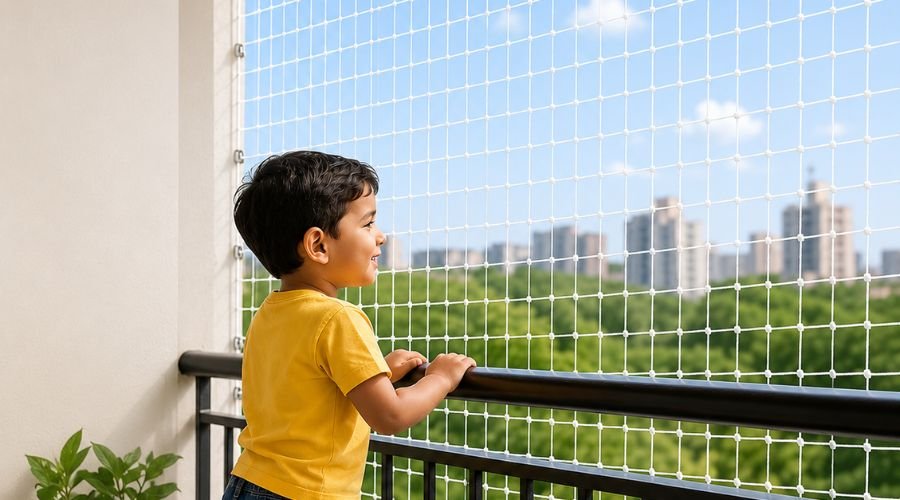 Children playing safely on balcony protected by ENB Enterprises in Chennai